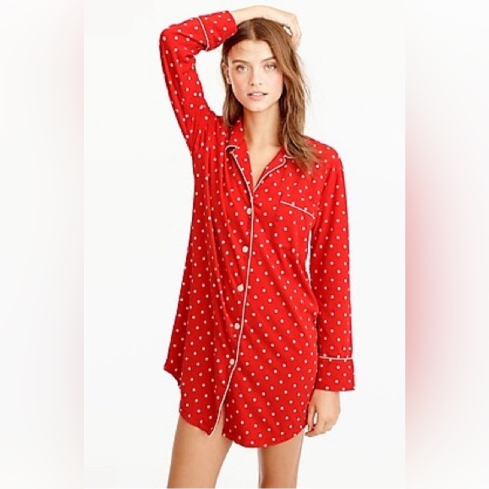 J.Crew Red with White Polka Dot Jersey Knit Button-Up Nightshirt Pajamas